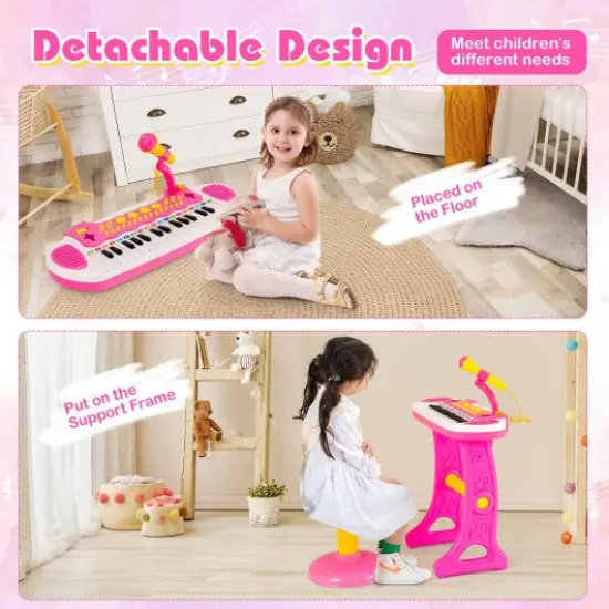 Kids Piano Keyboard with Adjustable Microphone and Stool Pink {3}