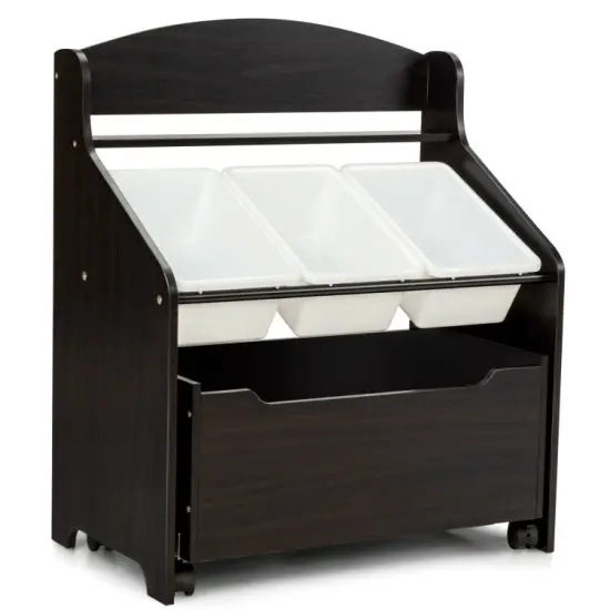 Kids Wooden Toy Storage Unit Organizer with Rolling Toy Box and Plastic Bins Espresso {7}