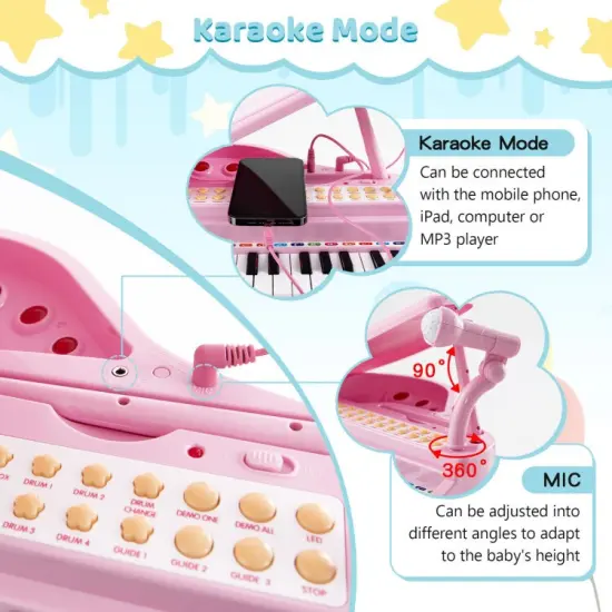 31 Keys Kids Piano Keyboard with Stool and Piano Lid Pink {5}