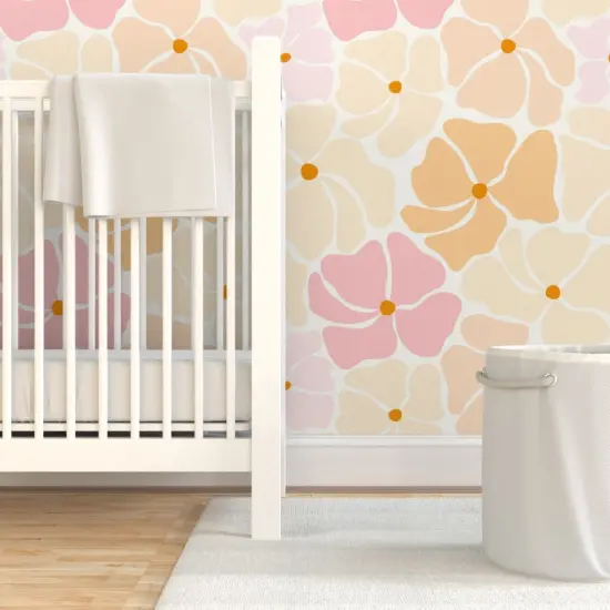 Pre-Pasted Wallpaper 2FT Wide Retro Floral Pink Yellow Orange Pastel Flowers Custom Pre-pasted Wallpaper by Spoonflower {7}