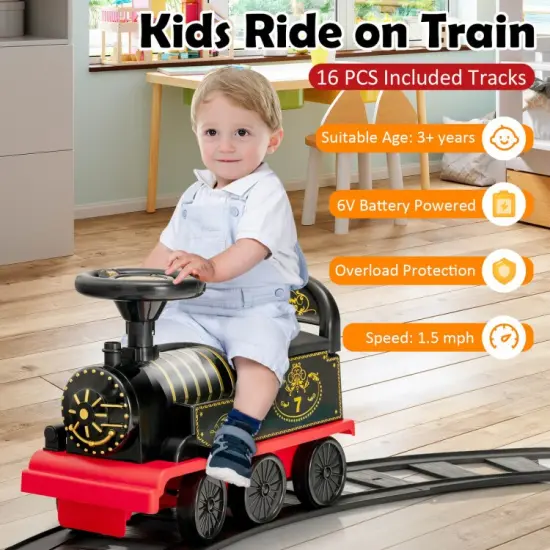 6V Electric Kids Ride On Train with 16 Pieces Tracks Black {5}