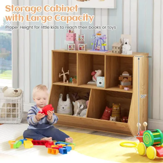 5-Cube Wooden Kids Bookshelf Organizer with 3 Upper Cubes for Books and 2 Large Cubes for Toys Natural {4}