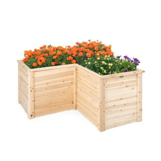 24 Inch L-Shaped Wooden Raised Garden Bed with Open-Ended Base-Natural {1}