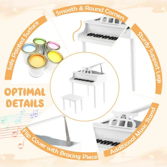 30-Key Wood Toy Kids Grand Piano with Bench and Music Rack White {6}
