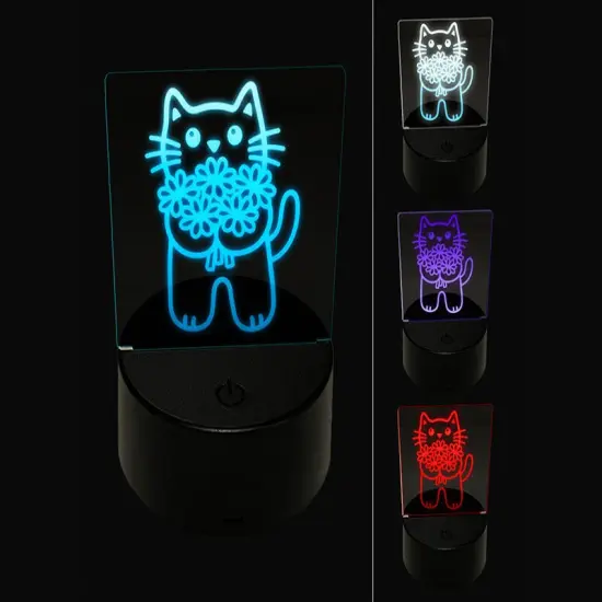 Cat Holding Flowers 3D Illusion LED Night Light Sign Nightstand Desk Lamp {1}