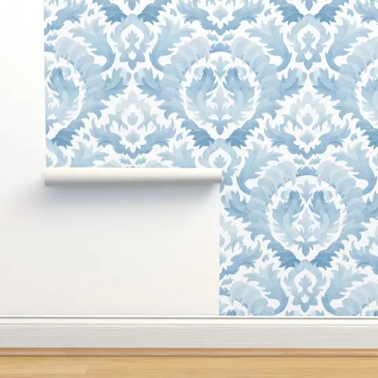 Peel & Stick Wallpaper 2FT Wide Watercolor Damask Botanical Floral Light Blue Monochrome Classic Baroque Acanthus Leaf Custom Removable Wallpaper by Spoonflower {2}