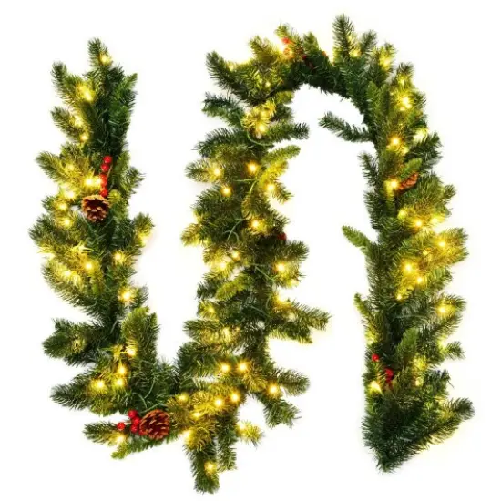 9 Feet Pre-lit Artificial Christmas Garland Red Berries with LED {1}