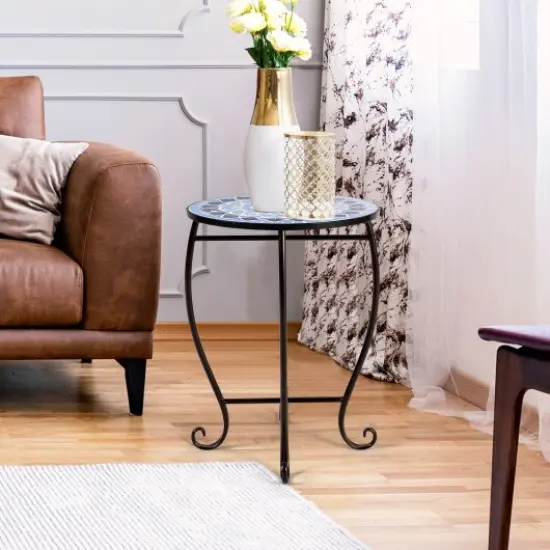 Steel Mosaic Round Accent Table for Patio Lawn Garden Blue {2}