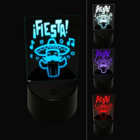Fiesta Party Cactus with Sombrero 3D Illusion LED Night Light Sign Nightstand Desk Lamp {1}