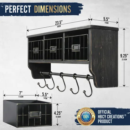 HBCY Creations Rustic Coat Rack Wall Mounted Shelf with Hooks & Baskets, Entryway Organizer Wall Shelf with 5 Coat Hooks and Cubbies Black Wash {5}