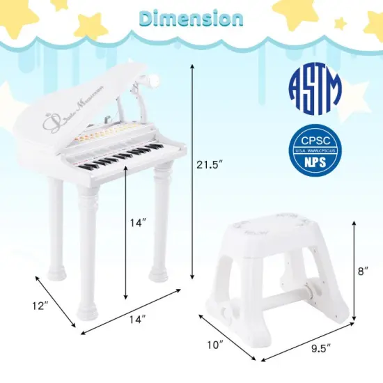 31 Keys Kids Piano Keyboard with Stool and Piano Lid White {4}