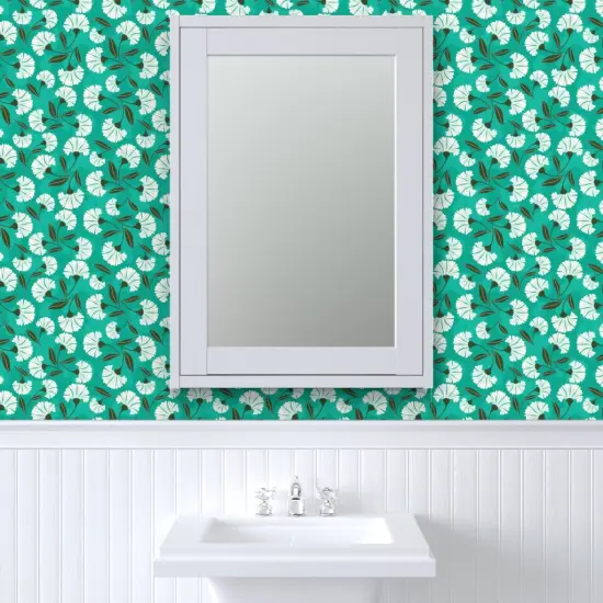 Peel & Stick Wallpaper 2FT Wide Weathered Teal Floral Nature Victorian Summer Garden Picnic Jade Green White Custom Removable Wallpaper by Spoonflower {6}