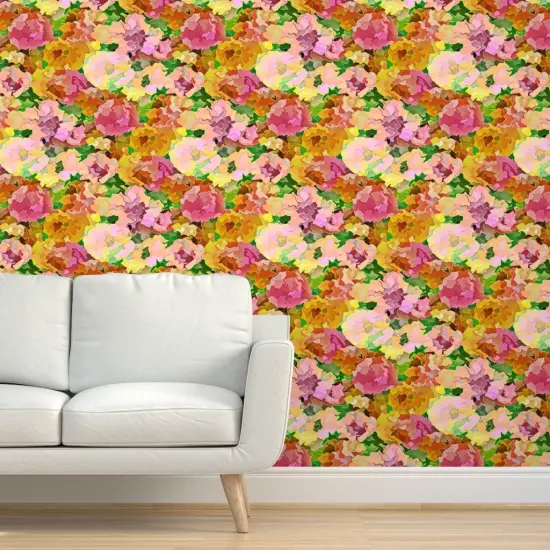 Pre-Pasted Wallpaper 2FT Wide Pink Floral Botanical Water Color Summer Spring Flowers Garden Meadow Impressionist Custom Pre-pasted Wallpaper by Spoonflower {5}
