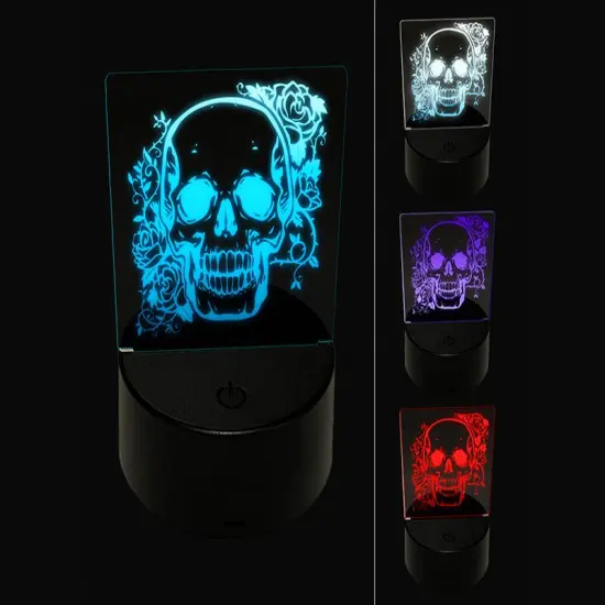 Skull and Roses Flowers Bones 3D Illusion LED Night Light Sign Nightstand Desk Lamp {1}
