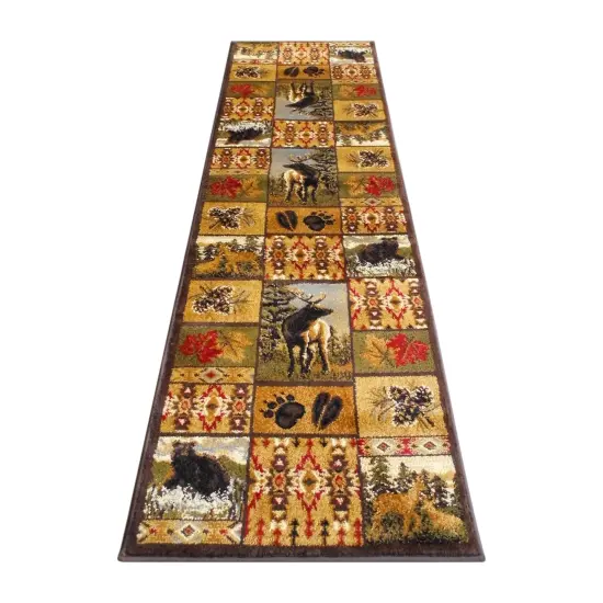 Masada Rugs Wildlife Bear and Elk Scene Area Rug Brown {1}
