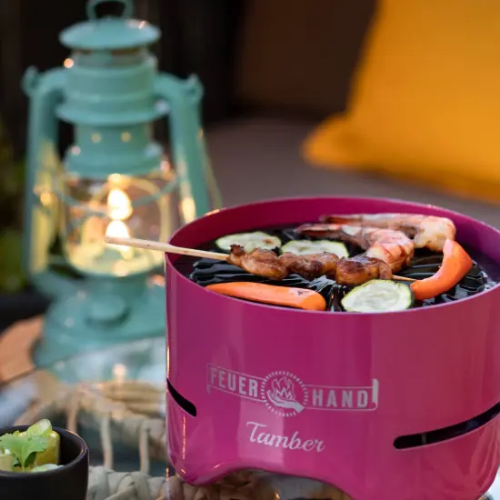 Petromax Feuerhand Tamber Tabletop Charcoal Grill, Powder-Coated Steel for Outdoor Use, Wood Lid, 7.9 inch diameter, Telemagenta {5}
