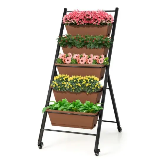 5-Tier Vertical Raised Garden Bed with Wheels and Container Boxes-Brown {1}