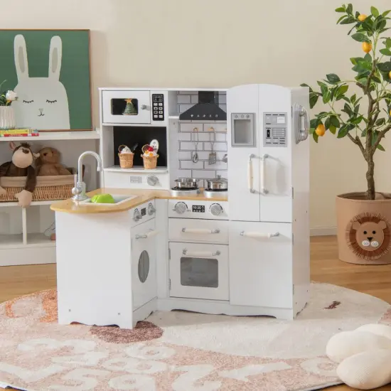 Wooden Kid's Corner Kitchen Playset with Stove for Toddlers-White {2}