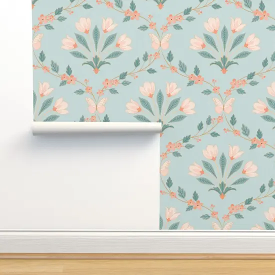 Pre-Pasted Wallpaper 2FT Wide Floral Damask Butterflies Spring Flowers Symmetrical Tulips Leaves Botanical Custom Pre-pasted Wallpaper by Spoonflower {2}