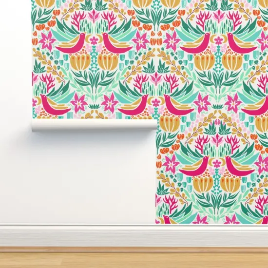 Peel & Stick Wallpaper 2FT Wide Colorful Birds Pink Green Boho Botanical Floral Custom Removable Wallpaper by Spoonflower {2}