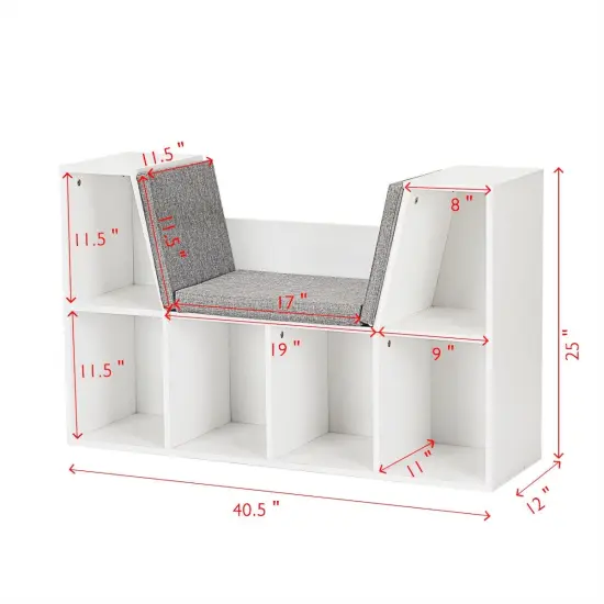 6-Cubby Kid Storage Bookcase Cushioned Reading Nook White {5}