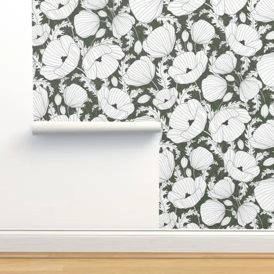 Peel & Stick Wallpaper 2FT Wide Floral Poppies Boho Flowers Olive White Line Drawing Large Scale Leaves Retro Green Custom Removable Wallpaper by Spoonflower {2}