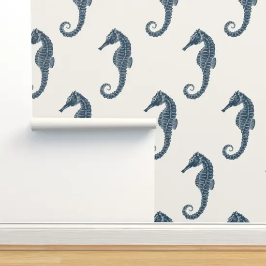 Pre-Pasted Wallpaper 2FT Wide Coastal Seahorse Beach Sealife Sea Ocean Nautical Blue Cream Maritime Xl Scale Custom Pre-pasted Wallpaper by Spoonflower {2}