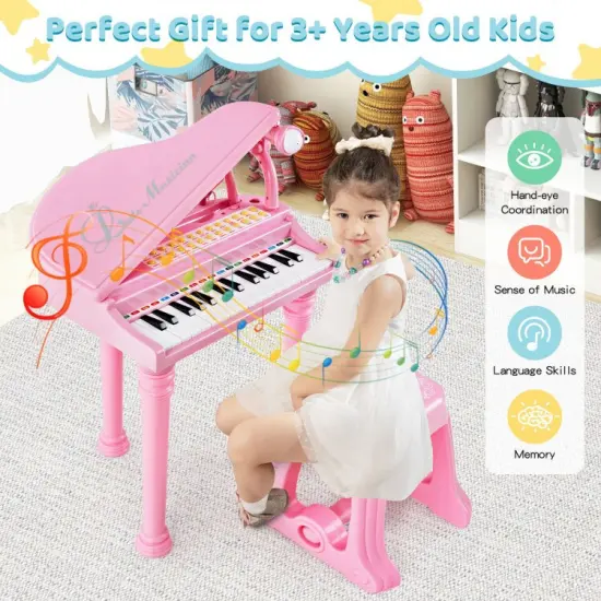 31 Keys Kids Piano Keyboard with Stool and Piano Lid Pink {6}