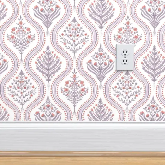 Pre-Pasted Wallpaper 2FT Wide Botanical Damask Elegant Garden Lilac Burnt Red Medium Scale Grandmillenial Ogee Custom Pre-pasted Wallpaper by Spoonflower {4}