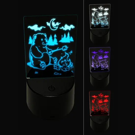 Hungry Bear Making S'mores over a Campfire 3D Illusion LED Night Light Sign Nightstand Desk Lamp {1}
