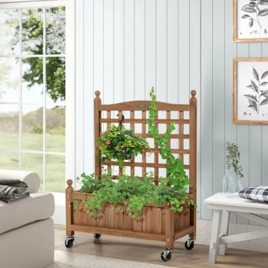 32in Wood Planter Box with Trellis Mobile Raised Bed for Climbing Plant {2}