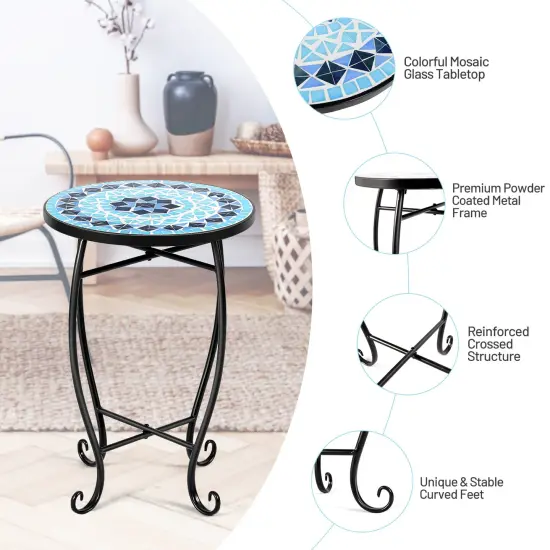 Steel Mosaic Round Accent Table for Patio Lawn Garden Blue {5}