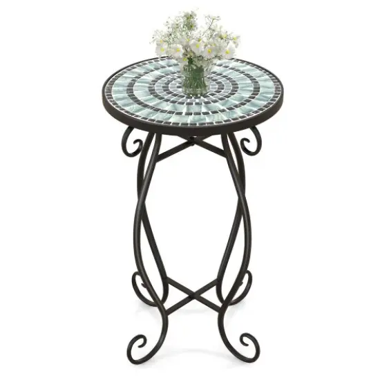 12" Round Ceramic Tile Table with Floral Mosaic Design and Metal Legs Ideal for Balcony or Deck Black & Smoke Blue {1}