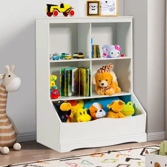 3-Tier Children's Multi-Functional Bookcase Toy Storage Bin Floor Cabinet White {6}