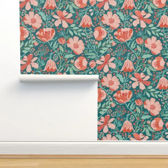 Pre-Pasted Wallpaper 2FT Wide Coral Chintz Blue Green Pink Jumbo Scale Magnolia Flower Botanical Garden Custom Pre-pasted Wallpaper by Spoonflower {2}