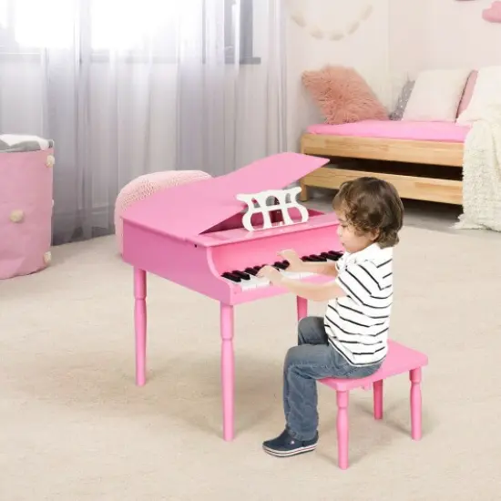 30-Key Wood Toy Kids Grand Piano with Bench and Music Rack Pink {2}