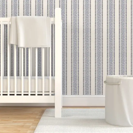 Pre-Pasted Wallpaper 2FT Wide Country Stripe Coastal Rustic Farmhouse Nautical Blue Cream Vertical Line Large Scale Custom Pre-pasted Wallpaper by Spoonflower {7}