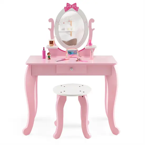 Kid Vanity Table Stool Set with Oval Rotatable Mirror-Pink {2}