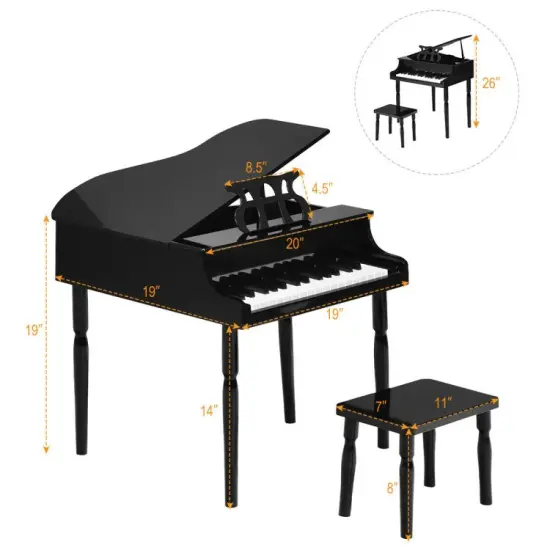 30-Key Wood Toy Kids Grand Piano with Bench and Music Rack Black {6}