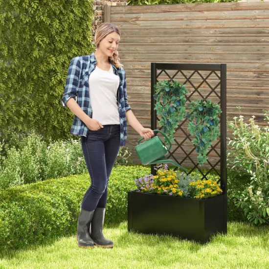 49 Inch Metal Raised Garden Bed with Trellis-Black {2}