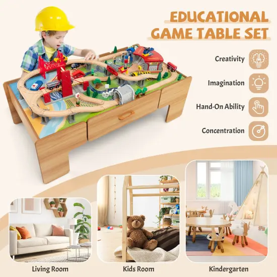 Kids Double-Sided Wooden Train Table Playset with Storage Drawer {5}