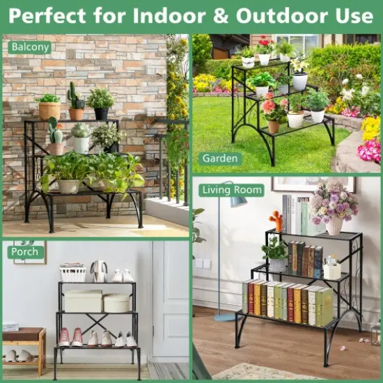 3-Tier Metal Plant Rack Garden Shelf in Stair Style {3}