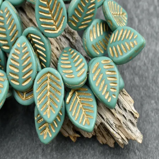 *15* 16x12mm Gold Washed Green Turquoise Top Drilled Dogwood Leaf Beads {2}