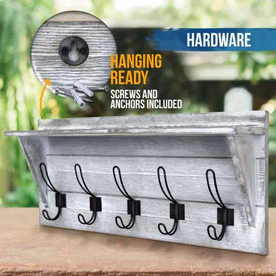 HBCY Creations Rustic Wall Mounted Coat Rack Shelf - Wooden Country Style 24" Entryway Shelf with Hooks - Solid Pine Wood - For Entryway, Kitchen, Bathroom White Wash {2}