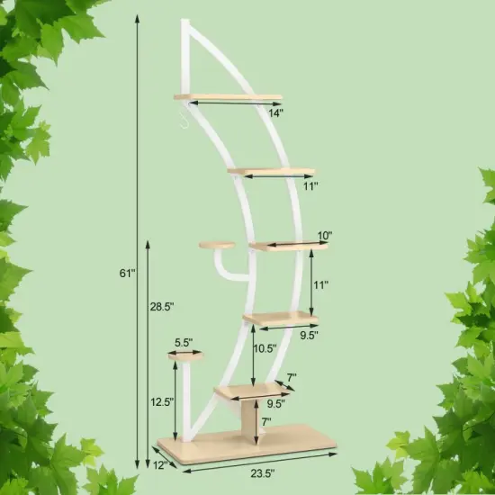 6 Tier 9 Potted Metal Plant Stand Holder Display Shelf with Hook White {4}