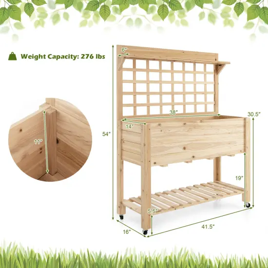 Wooden Raised Garden Bed with Wheels Trellis and Storage Shelf {4}