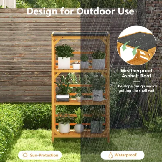 3-Tier Wooden Plant Stand with Weatherproof Asphalt Roof for Patio-Natural {4}