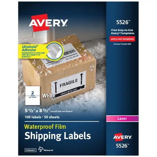 Avery Waterproof Shipping Labels with Ultrahold Permanent Adhesive, 5-1/2" x 8-1/2", 100 Labels for Laser Printers (5526) {1}