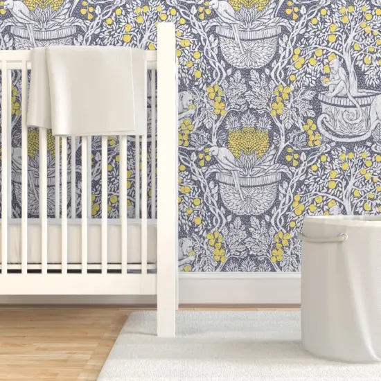 Pre-Pasted Wallpaper 2FT Wide Exotic Damask Tropical Fruit Monkey Parrot Arts And Crafts Lemon Tree Yellow Gray Grey Custom Pre-pasted Wallpaper by Spoonflower {7}