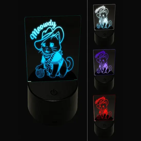 Adorable Cowboy Cat Meowdy Howdy 3D Illusion LED Night Light Sign Nightstand Desk Lamp {1}